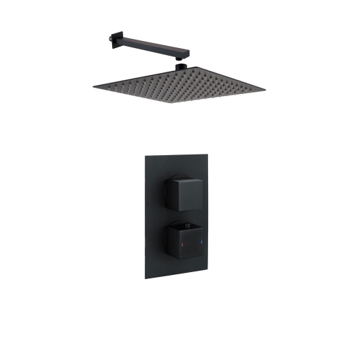 Black Square Concealed Twin  Shower Valve, Shower Head & Arm - Bathshop321