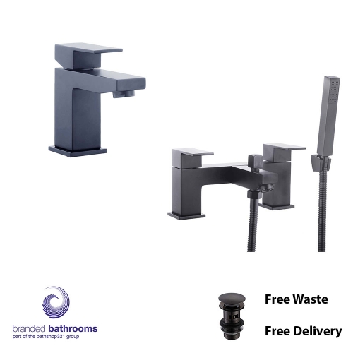 Black Tap Set Douglas Mono Basin Mixer, Bath Shower Mixer - Free Waste