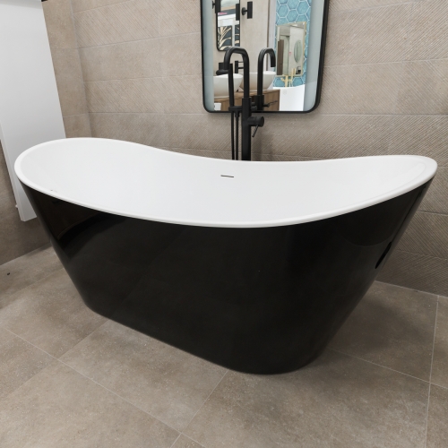 1700 x 800 Freestanding Double Ended Bath - Black (Slim Oflow White Waste)