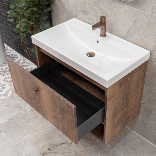800mm Wall Mounted Vanity Unit & Inset Basin - Pewter Oak - By Voda Design