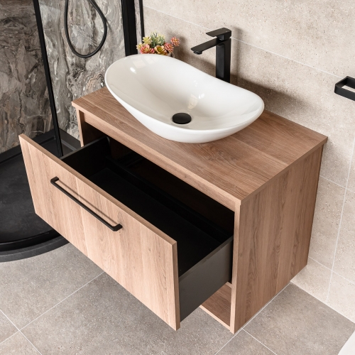 Oak 800mm Wall Mounted Vanity Unit & Worktop - Brown Cueno Oak - By Voda Design
