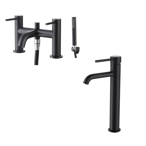 Black High Rise Basin Mono Mixer & Bath Shower Mixer Tap with Shower Kit - Bathshop321