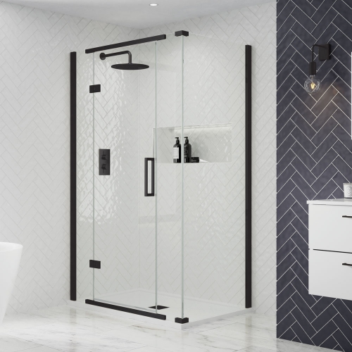 1700 x 800mm Black Inline 2 Sided Shower Enclosure Hinged Door - 8mm