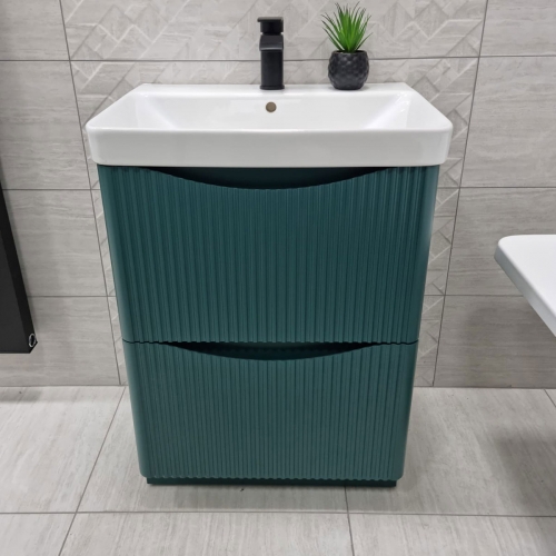 Full Fluted 600mm Floor Standing Vanity Unit & Inset Basin - Goblin Green (By Voda Design)