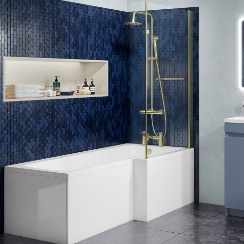 L Shape Shower Bath, Brushed Brass Profile Screen & Bath Panel
