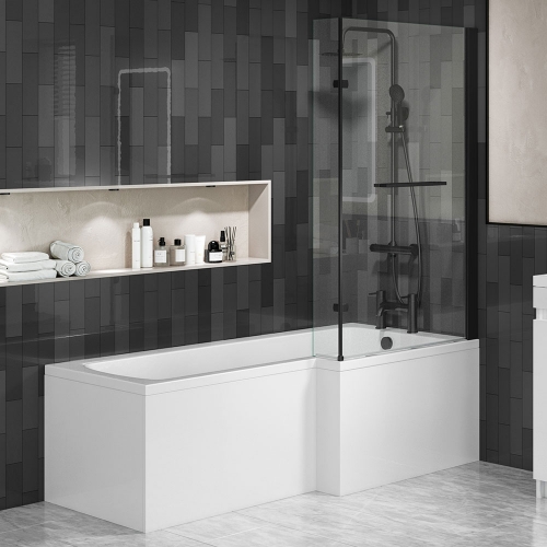 L Shape Shower Bath, Black Profile Screen & Bath Panel