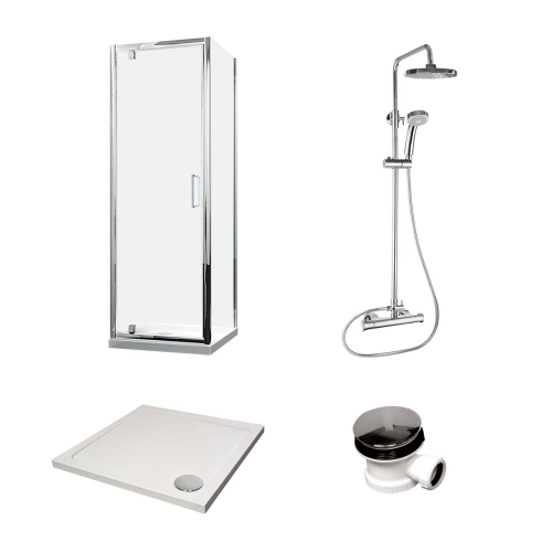 6mm Chrome Pivot Door Enclosure Bundle Including Shower Door, Tray, Shower & Waste