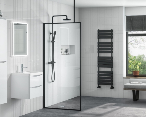 Black 1100mm Wetroom Panel With Support Bar 10mm Glass