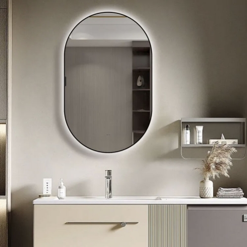 800 x 500mm Mirror Cabinet With Backlit LED Lights - Black Framed Oval/Tablet