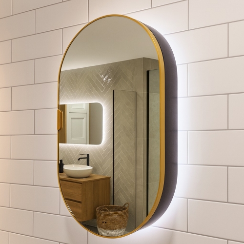 800 x 500mm Mirror Cabinet With Backlit LED Lights - Brushed Brass Framed Oval/Tablet