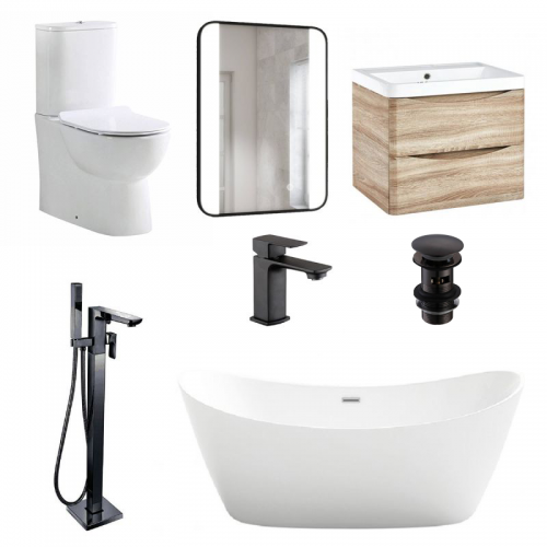 Freestanding Bath Deal With Vanity Unit - Oak & Black - VODASUITE14