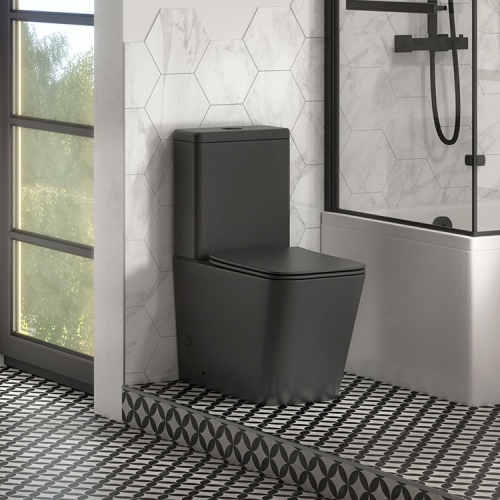 Black Rimless Close Coupled Pan, Cistern & Seat