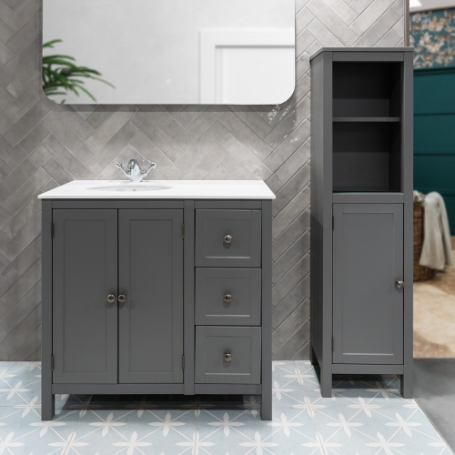Traditional Vanity Unit, Tap & Tall Boy Pack - Grey - VODASUITE28