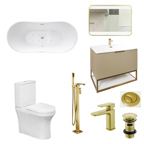 1800 Freestanding Whirlpool Bath Suite With Comfort Height Back to Wall Toilet - Brushed Brass - VODASUITE34