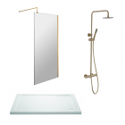 800mm Brushed Brass Wetroom Bundle Includes Glass, Tray & Brushed Brass Shower