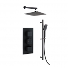 Black Square Concealed Triple Thermostatic Shower Valve, Slide Rail Kit, Fixed Head & Arm - Bathshop321