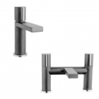 Basin & Bath Tap Set - Metallic Grey Round Handle - By Voda Design