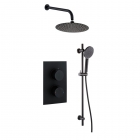 Black Round Concealed Twin Thermostatic Shower Valve, Slide Rail Kit, Fixed Head & Arm - Bathshop321