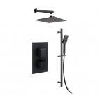 Black Square Concealed Twin Thermostatic Shower Valve, Slide Rail Kit, Fixed Head & Arm - Bathshop321