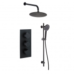 Black Round Concealed Triple Thermostatic Shower Valve, Slide Rail Kit, Fixed Head & Arm - Bathshop321