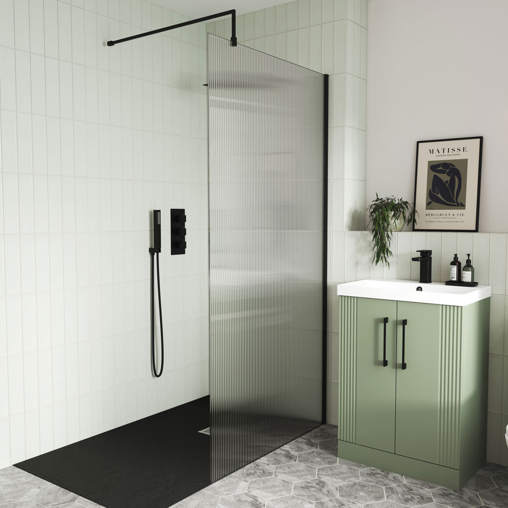 1000mm Fluted Wetroom Screen with Support Bar - V-WETFRL18510BP
