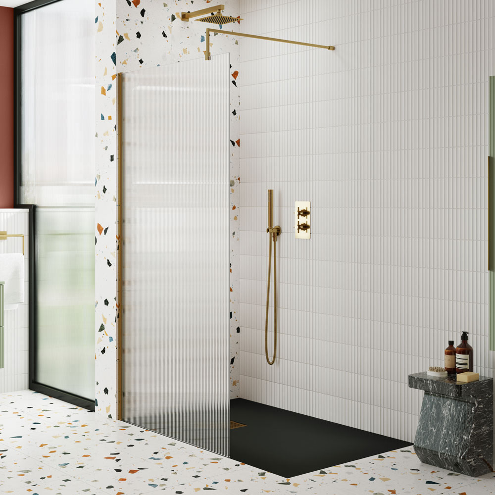 800mm Fluted Wetroom Screen with Support Bar - V-WETFRL18580BB
