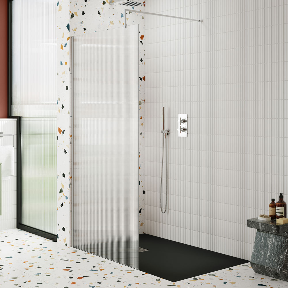 800mm Fluted Wetroom Screen with Support Bar - V-WETFRL18580